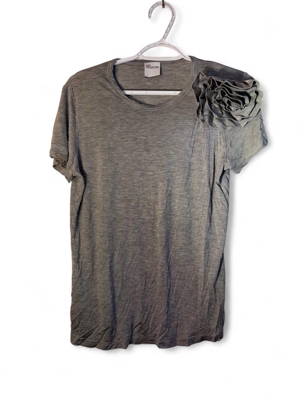 RED Valentino Gray Short Sleeve Tee with Rosette Shoulder